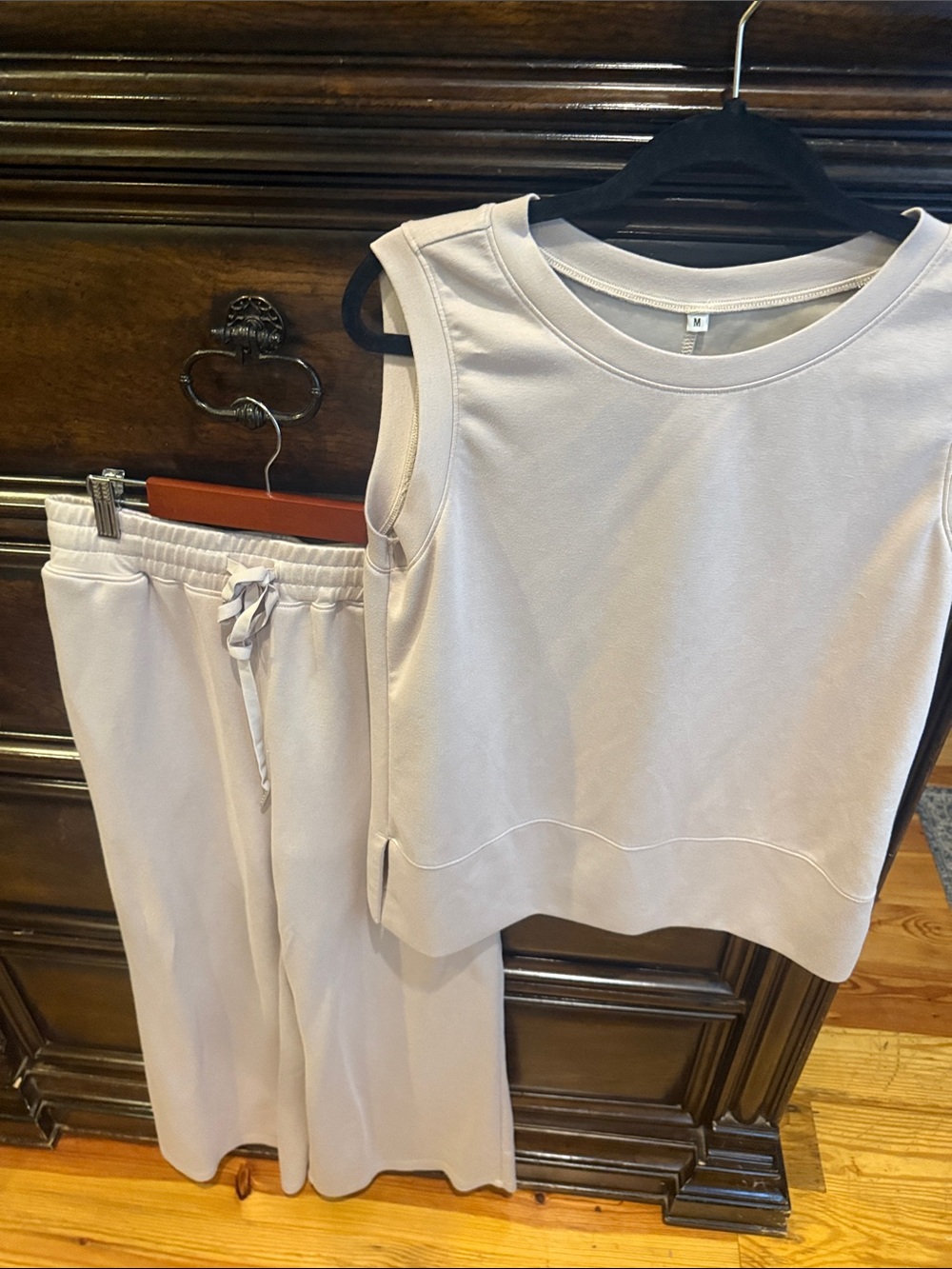 Sleeveless Sweat Top and Drawstring Wide-Leg Pants Set - Light Mauve
